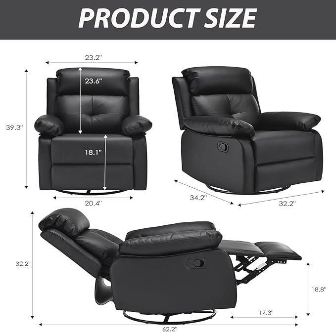 Swivel Rocker Recliner with 360 Degree Swivel, Small Recliners with 30 Degree, 90-150 Degree Angle, Faux Leather Lift Chair for Home Theater Seating, Adults, Living Room, Bedroom, Black