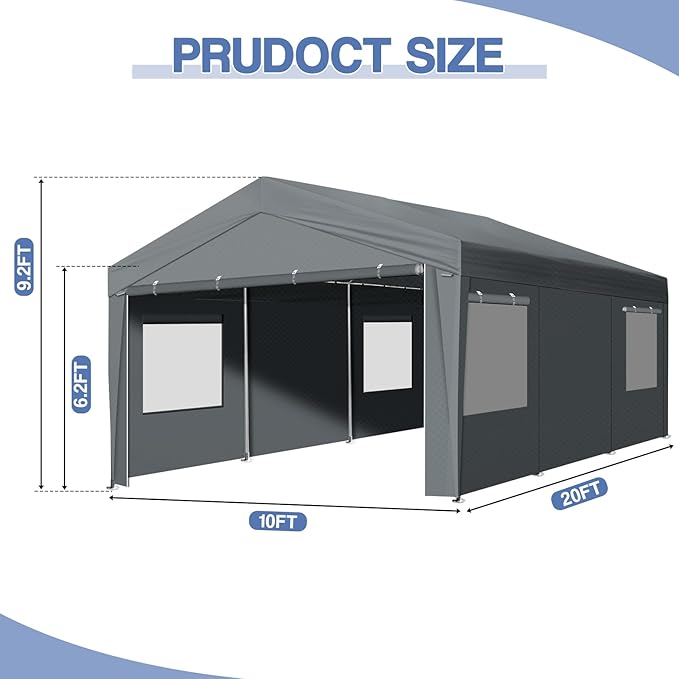 VINGLI 10x20 Carport Canopy Portable Garage with Roll-up Windows & Removable Sidewalls, Car Canopy Heavy Duty Car Port Tent for SUV, Boats, RVs, Trucks
