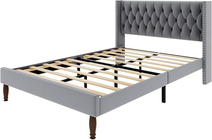 Queen Size Velvet Upholstered Bed Frame, 49.2" Tall Wingback Headboard, Deep Button Tufted, No Box Spring Needed, Solid Wood Legs, Grey