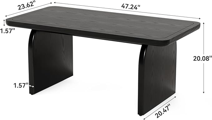 LITTLE TREE Farmhouse Coffee Table, 47 Inches Wooden Center Tables with Rounded Corners, Rectangular Living Room Tables, Modern Low Cocktail Tea Furniture for Living Room (Black)