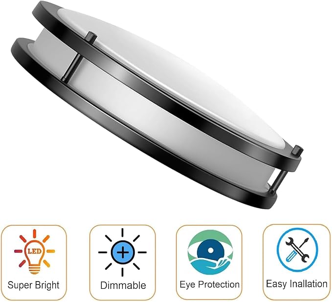 48W Dimmable LED Ceiling Light Fixture, 13.2in Flush Mount Light Fixture, Ceiling Lamp for Bedroom, Kitchen, Bathroom, Hallway, Super Bright 4000 Lumens,Blacck, 3000K Warm White