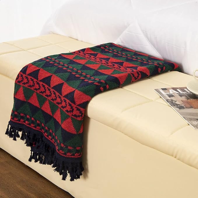 Gealaek Boho Throw Blanket Lightweight Soft Cozy Decorative Blankets for Sofa Bed Farmhouse Throw Blanket Aztec Blanket with Tassel Navy Red Green Checkered 50" x 60"