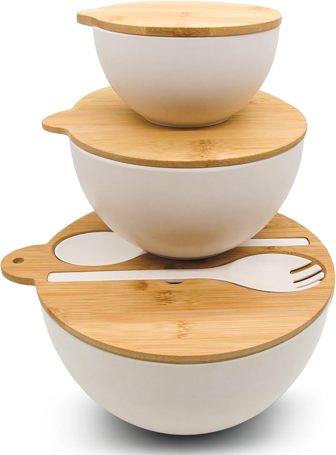 Salad Bowls Set of 3 with Seal Lid & Serving Utensils, Bamboo Fiber Mixing Bowls Set Large Serving Bowls & Storage Set with Bamboo Lid for Salad, Kitchen Eating, Pasta, Popcorn, Fruit, White