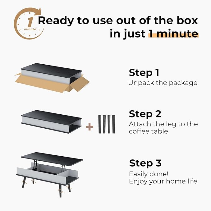 Lift Top Coffee Table, One Minute No Assembly Required Rising Tabletop Center Table with Large Hidden Storage Compartment, Open Shelf, Anti-Pinch Design Mute for Living Room (Black)