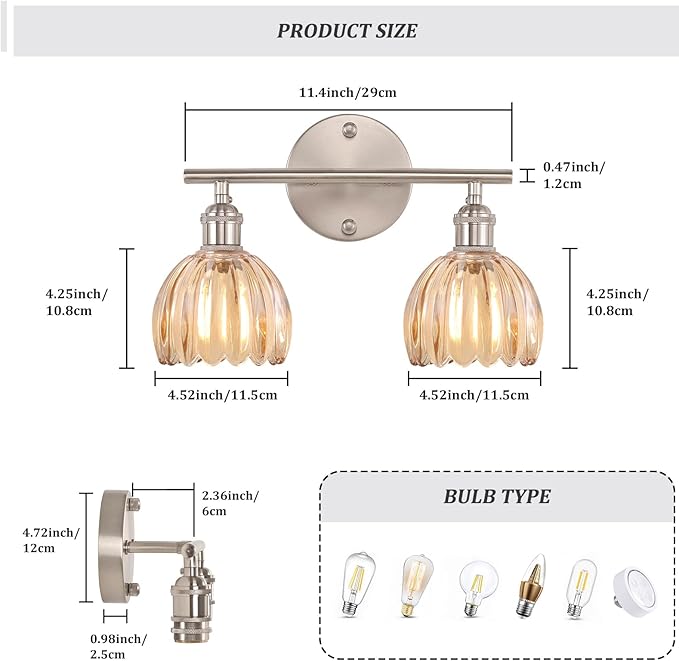 Bathroom Light Fixtures, 2-Light Vanity Wall Light Over Mirror with Amber Tulip Glass Shade for Bedroom Living Room, Satin Nickel
