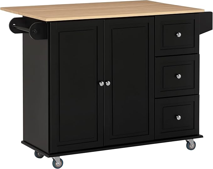 HOMCOM Mobile Kitchen Island with Drop Leaf, Storage Trolley Cart on Wheels, Towel/Spice Rack, 3 Drawers, 2-Door Cabinet, Black
