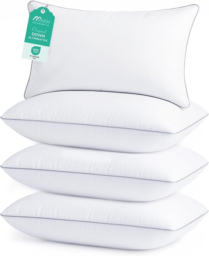 Sasttie King Size Pillows Set of 4, Bed Pillows for Side, Back, and Stomach Sleepers - Oeko-Tex Certified Supportive Down Alternative Plump Filling - Hotel Quality and Machine Washable, 4 Pack