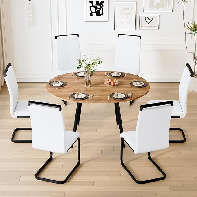 42"-54" Extendable Dining Table Set for 6, Oval Dining Table Set for 6, 0.73" Thick Wood Tabletop with Smooth Edge, Black Metal Leg with Non-Slip Footmat, 6 Soft PU Chairs, for Kitchen, Small Space