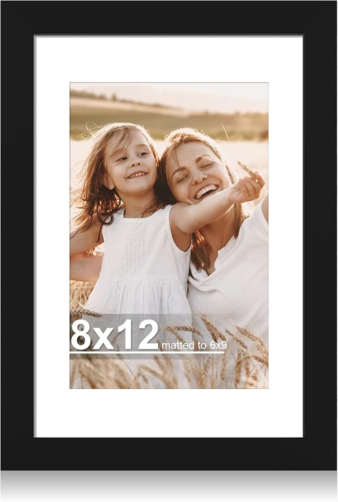 8x12 Picture Frame with Glass, Display Pictures 6x9 with Mat or 8 x 12 without Mat - Wall and Tabletop, 8 by 12 Photo Wooden Frames (Black, 1 Pack)