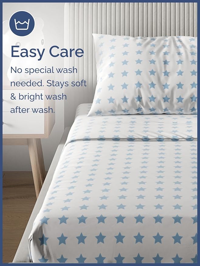 Blue Stars Full 4 Piece Sheet Set for Kids - Boys, Girls, Teens, Toddler - Easy Fit Deep Pocket - Machine Washable, Wrinkle Free - Cute, Cozy, Soft Star Sheets