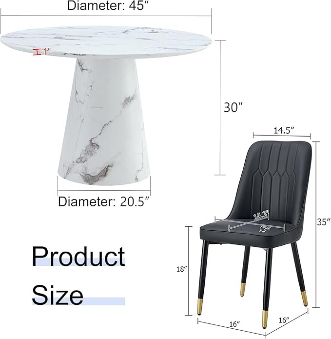 45 Inch Round Dining Table Set for 6, 7 Piece Kitchen Table and Chairs Set, White Faux Marble Table Top, Small Space Dining Set for Apartment or Dining Room
