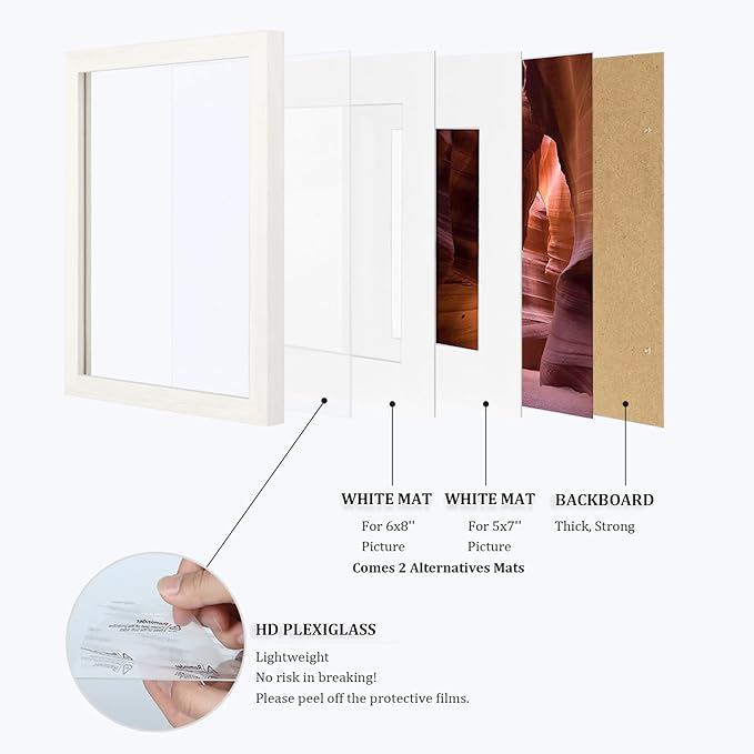 Egofine 9x12 Picture Frame Made of Solid Wood White Covered by Plexiglass, Wood Frame for Pictures 5x7 / 6x8 with Mat or 9x12 without Mat, Tabletop and Wall Mounting Display