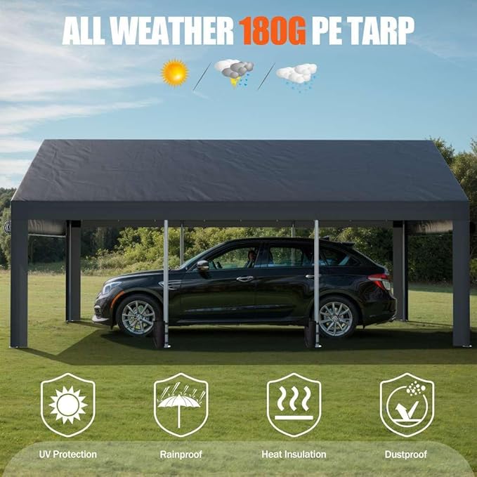 JAMFLY Carport, 10x20 ft Heavy Duty Carport with Roll-up Windows, Portable Garage with Removable Sidewalls & Doors, Car Canopy with Sandbags and All-Season Tarp for Car Boat Truck Motorcycle, Grey