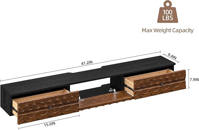 Fully-Assembled Floating TV Stand, Vintage Carved Floating Entertainment Center with Flip-Down Doors & Drawer, Walnut Wood Media Console Shelf Cabinet Under TV Storage for Living Room, 47IN