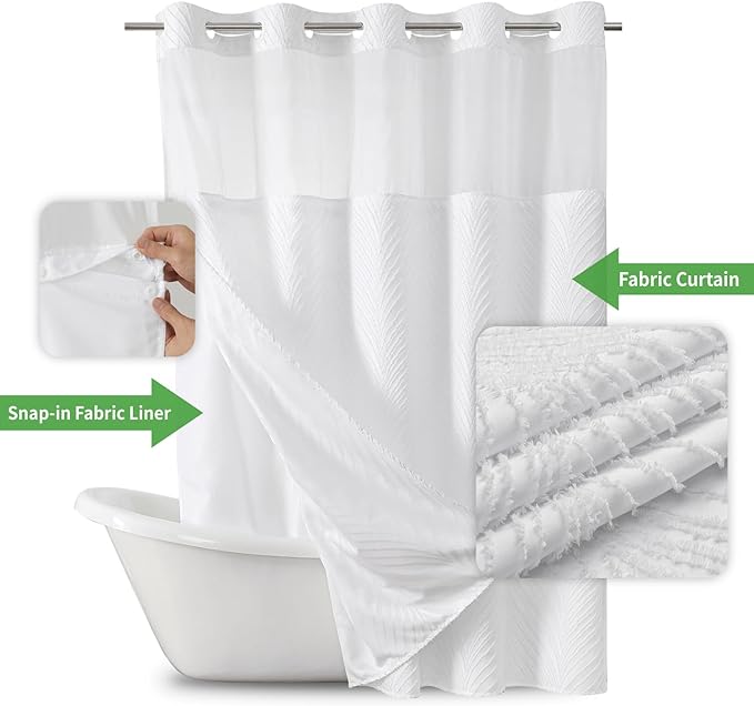 Long No Hook Shower Curtain and Liner Set,Boho Style with See Through Top Window,White Fabric Tufted Striped Textured Outer Curtain with Snap in Liner, White,71Wx80H