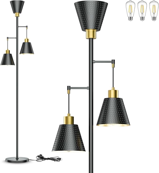 Black Floor Lamp with Cage Shade - 70" Standing Lamp for Living Room Corner - 3 LED Bulbs - Rustic Industrial Modern