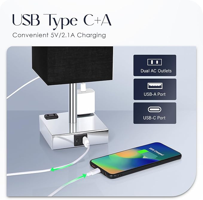 Bedside Lamp with USB Ports - Touch Control Table Lamp for Bedroom with USB C+A Charging Ports & AC Outlets, 3 Way Dimmable Nightstand Light for Living Room (Bulb Included, Black)