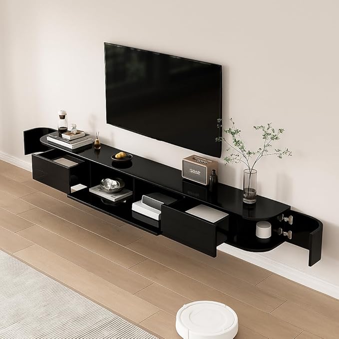 Floating TV Stand,Wall Mounted TV Shelf,Modern Entertainment Center Media Console with Storage for Bedroom,Living Room (Black, 94.5IN)