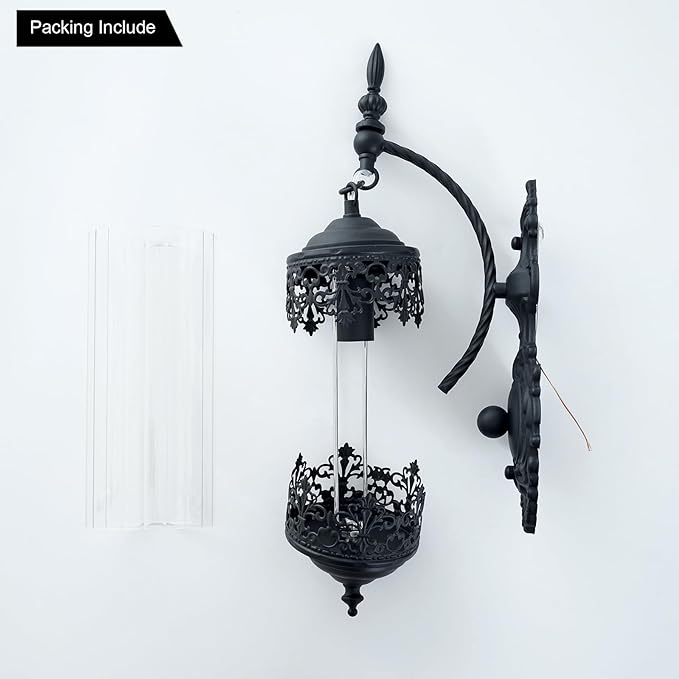 Rustic Glass Wall Sconce Mini Vintage Antique Gothic Wall Light Fixture Retro Farmhouse Mid Centry Lantern Wall Sconce for Bedroom, Hallway, Living Room, Mirror, Black, E12