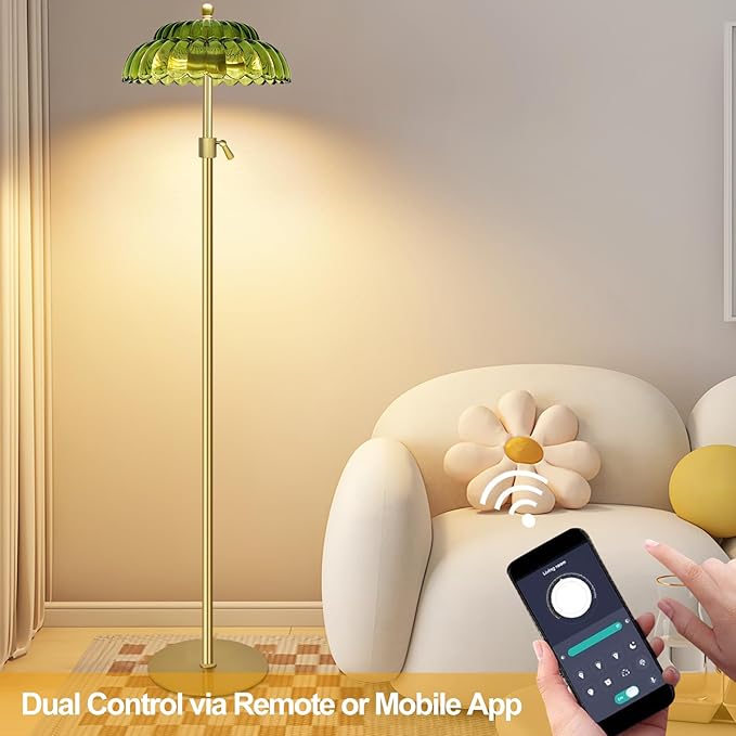 Vintage Floor Lamp with Remote Control, Gold Floor Lamp with 3 Color Temperature,Mid Century Modern Standing Lamp with Glass Lamp Shape,Brass Flower Lamp Tall Glass Floor Lamps for Living Room Bedroom