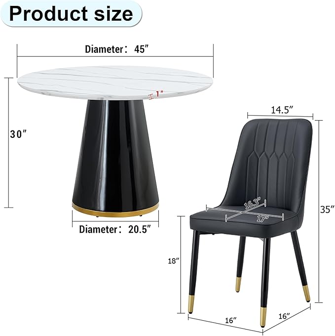 45 Inch Round Dining Table Set for 4, 5 Piece Kitchen Table and Chairs Set, White Faux Marble Table Top, Small Space Dining Set for Apartment or Dining Room