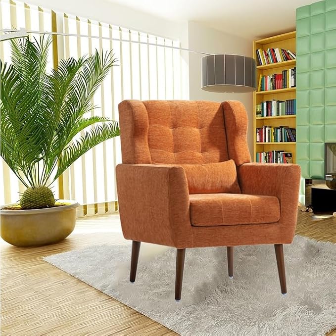 Accent Chair, Comfy Upholstered Living Room Chairs with High Tufted Backrest and Pillow, Wingback Reading Chair with Solid Wood Legs for Bedroom/Office, Chenille Fabric, Orange