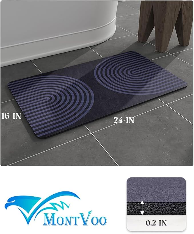 MontVoo -Bath Mat-Non Slip Thin Bathroom Rugs Fit Under Door- Quick Dry Absorbent Faux Suede Surface Grey Bathroom Floor Mats-Shower Rug for in Front of Bathtub Shower Blue Arched 16x24
