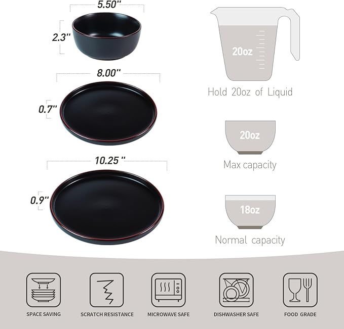 Famiware Mercury Plates and Bowls Sets, 12 Pieces Stoneware Dinnerware Sets, Dishes Set for 4, Microwave and Dishwasher Safe, Black
