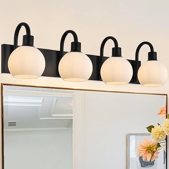 WINSEHN 28.7 Inch Black Bathroom Light Fixtures, 4-Lights Bathroom Vanity Light Over Mirror with Milk White Globe Glass, Modern Wall Mounted Vanity Light for Hallway Bedroom E26 Bulb Base
