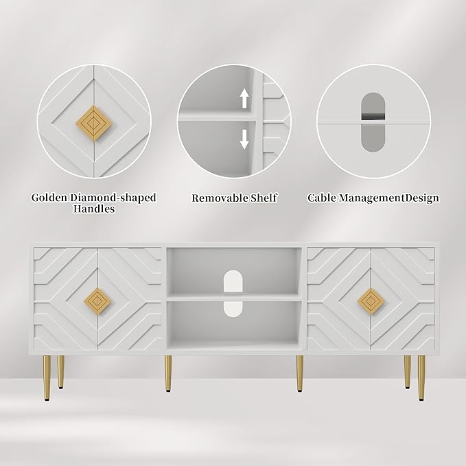 HLR 63'' White TV Stand for 65/70/75 inch TV, Entertainment Center with Storage Cabinets and Embossed Pattern Doors, Mid Century Modern Media TV Console Table for Living Room Bedroom