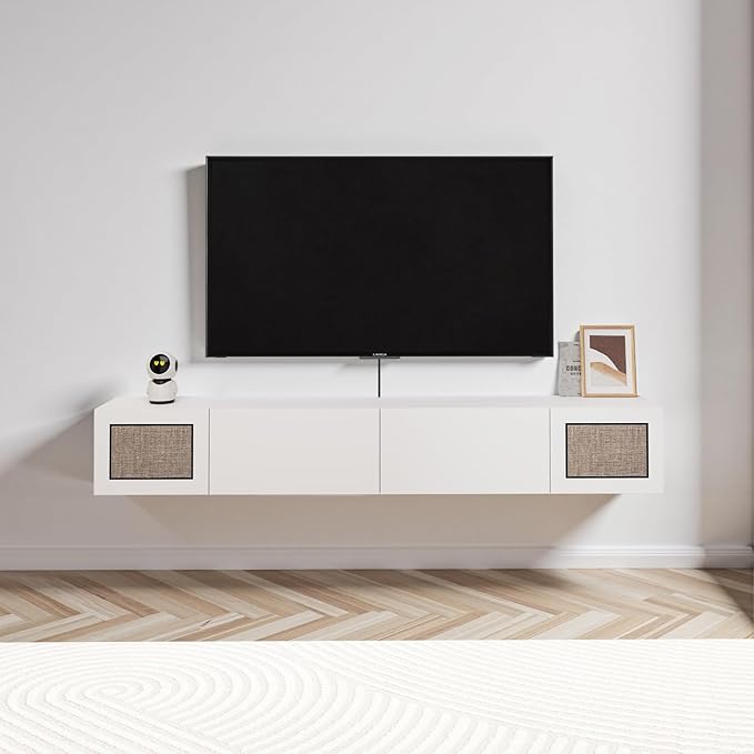 Pmnianhua Boho Floating TV Stand 94", Modern Wall Mounted Media Console with Cotton-Rayon Doors for Under TV Shelf,Entertainment Center,Living Room,Bedroom(White)