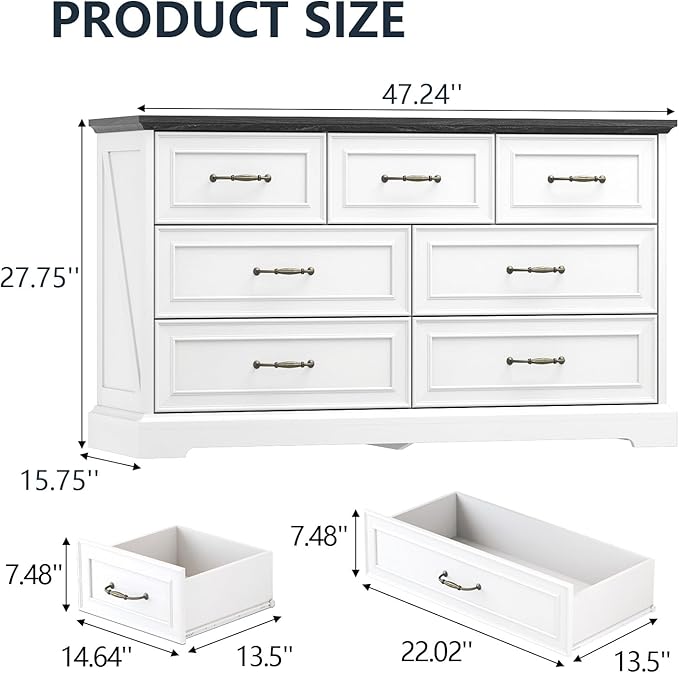 Dresser for Bedroom with 7 Drawer, Farmhouse Dresser for Closet, 47'' Wide Rustic Wooden Chest of Drawers with Natural Wood Texture, Vintage Storage Organizer for Living Room, Hallway, White