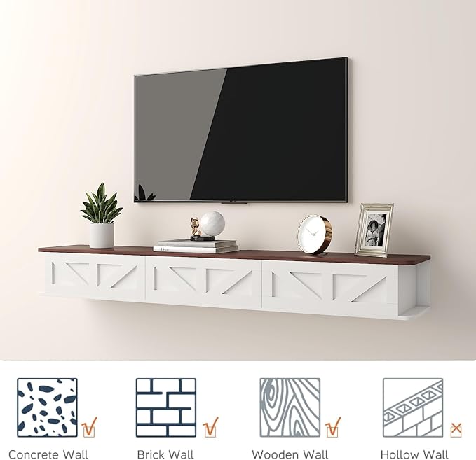White Floating TV Stand for 43 55 65 70 inch TV, Entertainment Center Media TV Console Shelf and Storage Drawers for Wall for Living Room Bedroom (White Floating TV Stand)