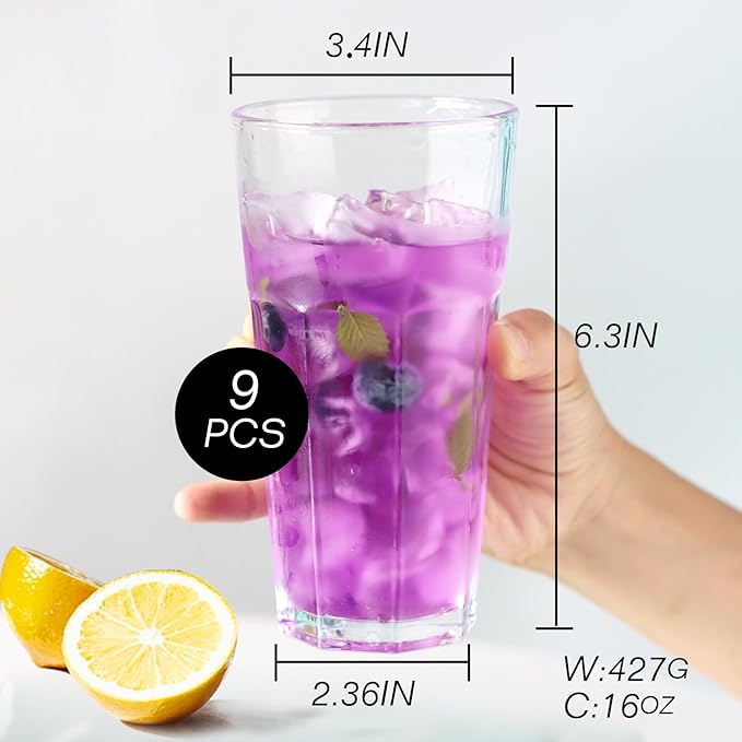 Etolies Highball Drinking Glasses Set of 9, Water Glasses 16 oz,Iced Tea Glasses for Water, Juice, Cocktails,Milkshake,Coke,Soda,Beverages. Heavy Base Tumbler,Kitchen and Bar Glassware,Gifts for Dad