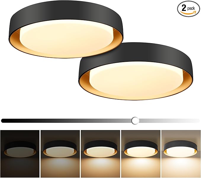 Hlite 13 inch Ceiling Light Fixture,Black LED Flush Mount Ceiling Light with Gold Inside,3000K/Warm White/24W,Dimmable 1920LM Indoor Room Decorative Modern Ceiling Lights for Bedroom Kitchen(2 Pack)