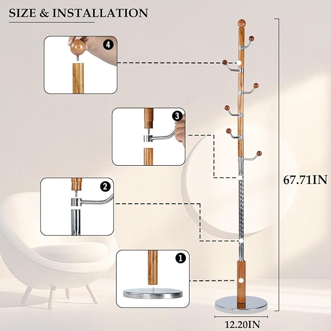 Wood Coat Rack Freestanding, Natural Coats Tree Stand with 14 Hooks, 73" Sturdy and Easy Assembly Coat Rack Stand for Entryway, Hallway, Bedroom, Bags, Hats (Metal Disc Base, Swivel Hook)