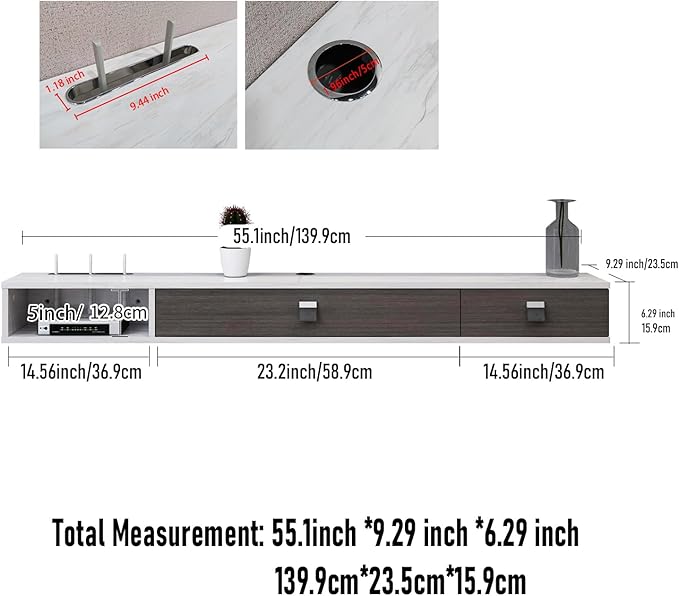 Pmnianhua Floating TV Shelf, 55'' Wall Mounted Floating TV Stand Unit Media Console Wall TV Console Cabinet Media Entertainment Shelf with 2 Doors for TVs up to 60 inch (Greyish-White)