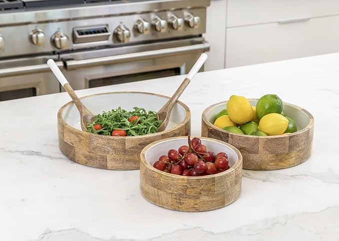 ARTISAN TOUCH Handcrafted Wooden Serving Bowls Set of 3 with White Inner – Solid Wood Salad Fruit Snack Bowls Food-Safe Finish