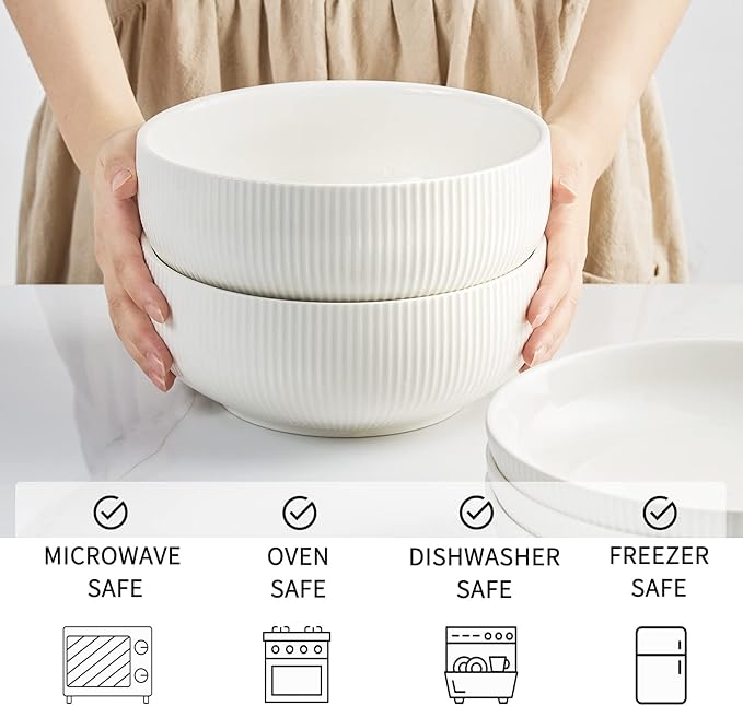 getstar Salad Bowl, 8 inch 60 oz Large Serving 2 Packs Ceramic Bowl Set, Microwave & Freezer Safe, Bowl Set of 2 For Fruit Soup Pasta Popcorn (White)