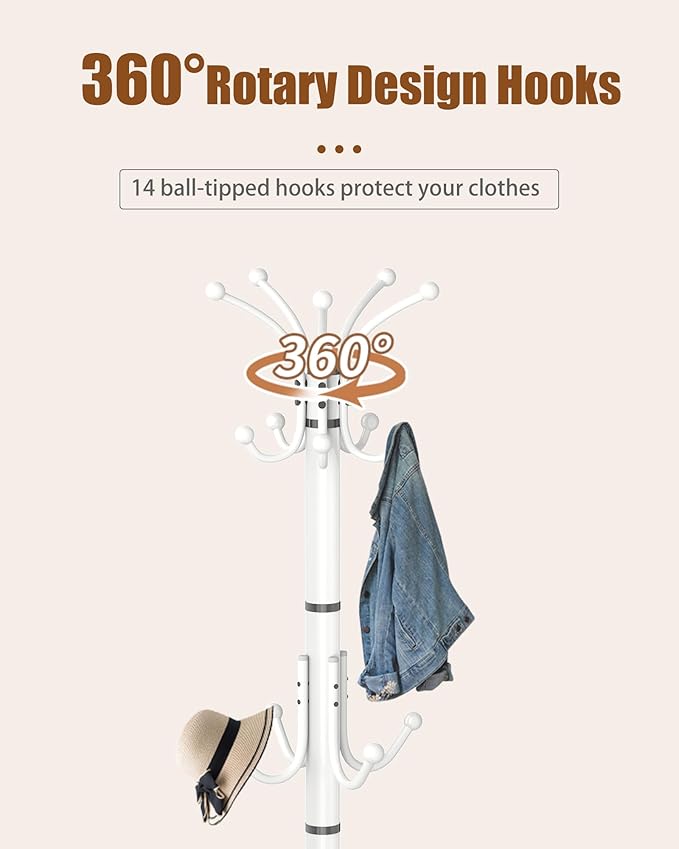 Metal Coat Rack Stand with Natural Marble Base, Modern Coat Rack Freestanding, 360°Rotary Coat Racks with 14 Hooks, White Coat Stand Hall Tree Hanger Stand for Entryway, Office，Corner