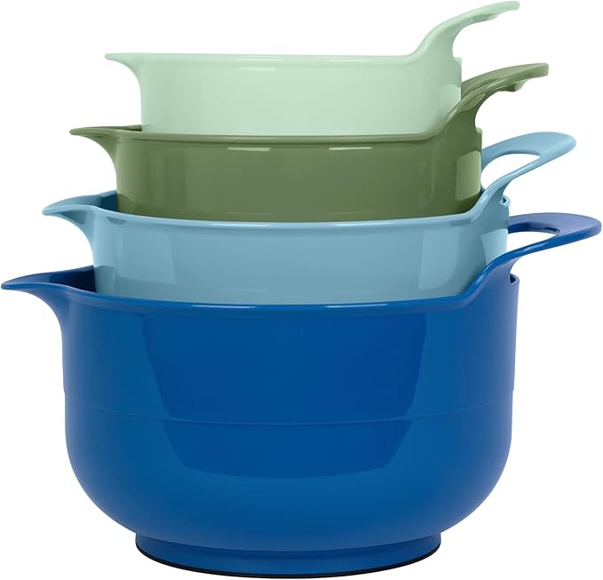 BoxedHome 4 Pack Nesting Mixing Bowl with Pour Spout and Handle, BPA free Microwave & Dishwasher Safe(Green/Blue, 4 Pack with Handle)