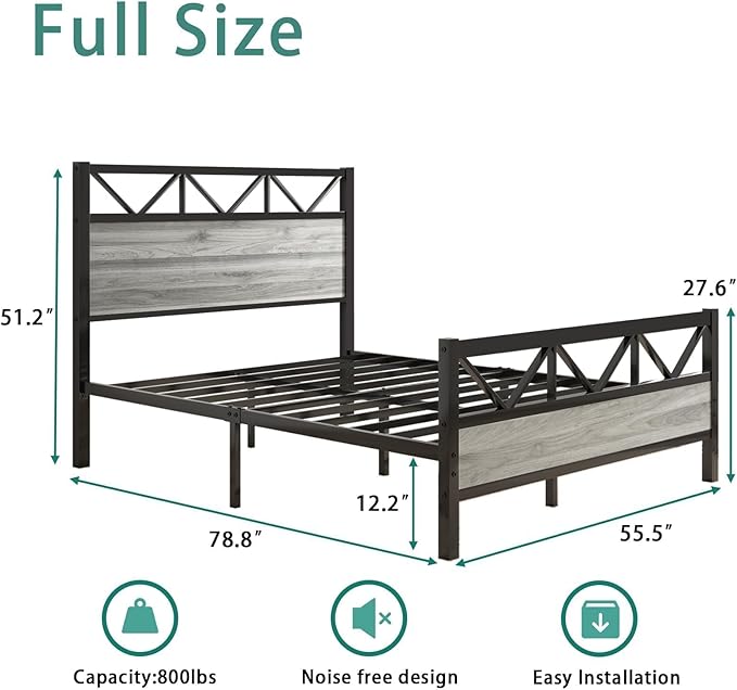 Full Size Bed Frame with Headboard, Industrial 51.2" Tall Headboard, Full Size Platform Bed Frame with Heavy Duty Metal Slats Support, No Box Spring Needed, Noise-Free, Easy Assembly, Wash Grey