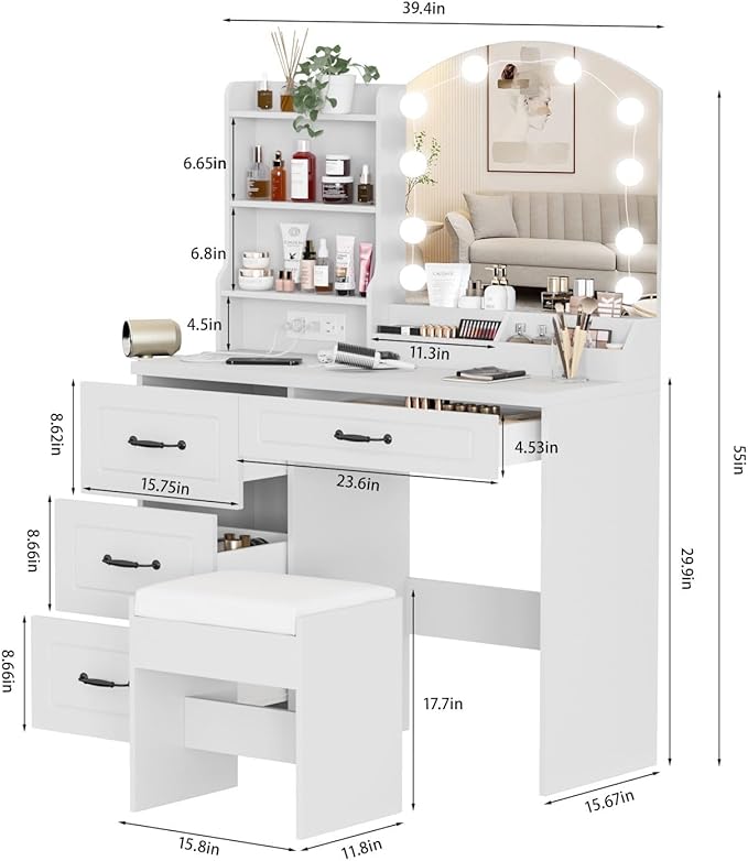 Vabches Makeup Vanity Desk with Lights and Charging Station, White Vanity Set Makeup Table with 4 Drawers Lots Storage, 3 Lighting Colors, Large Size 39.4in(W)