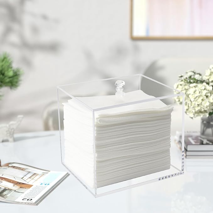 Face Towel Box, Acrylic Facial Disposable Towelettes Holder Container for XL Face Towels and Protects from Dust, Clear