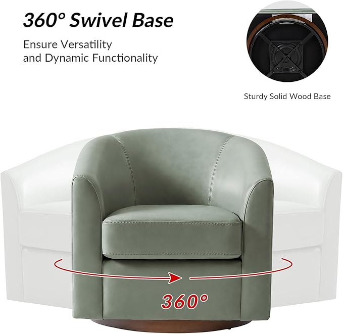 HULALA HOME Genuine Leather Swivel Accent Chairs Set of 2 with Solid Wood Base, Round Swivel Barrel Chairs for Living Room and Bedroom, Sage