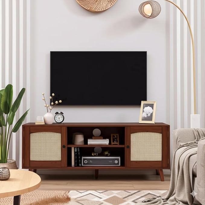 Mid Century Modern Rattan TV Stand for 60" TV - Boho Entertainment Center with 2 Natural Rattan Doors for Living Room, Brown