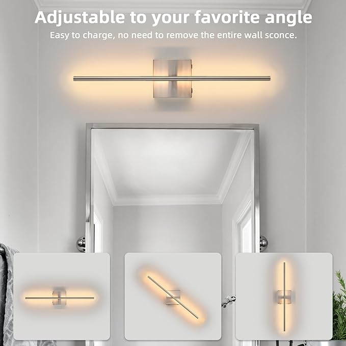 Battery Operated Wall Sconces, Modern Brushed Nickel Rechargeable Wall Sconce with Remote Control, 3000K-6000K Dimmable LED Wireless Wall Light for Living Room Bedroom Hallway 23.6 Inchs(1 Pack)