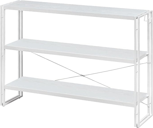 HCHQHS Bookshelf, 3-Tier Industrial Bookcase, White Open Book Shelf, Freestanding Horizontal Bookshelves with Metal Frame