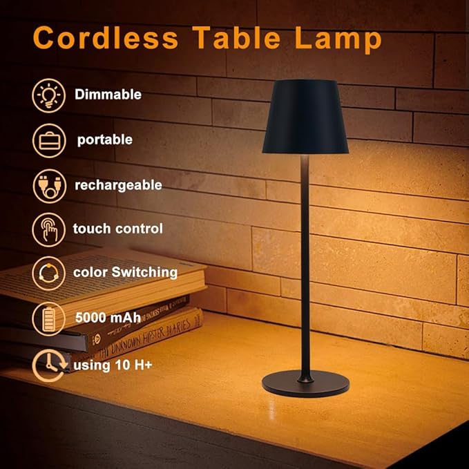 2 Pack Cordless Table Lamps, Rechargeable Portable 5000Mah Battery Operated Lamp, LED 3 Color Stepless Dimming Touch Bedside Lamp, Desk Light For Restaurant, Patio, Bedroom, Outdoor, kitchen-Black