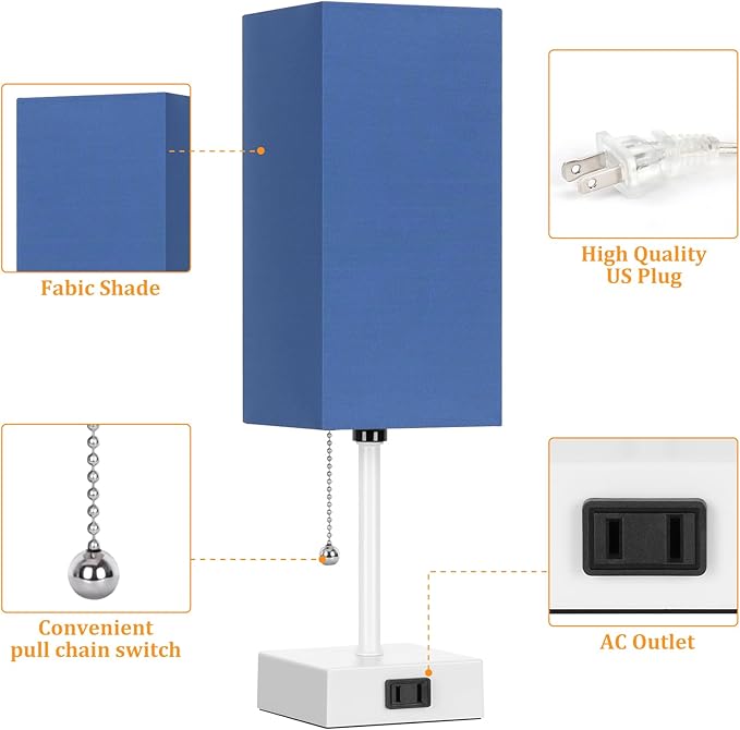 Table Lamp for Bedroom set of 2,3-Color Bedside Lamps with Pull Chain Table Lamps for Nightstand with AC Outlets,Small Night Light Lamps with 2 Bulbs Lamps for Living Room Kids Room Office Decor（Blue）